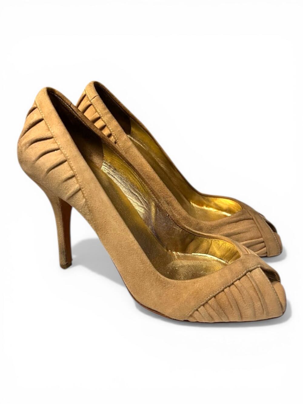 Prada Ruched Suede Peep Toe Pumps Camel Tan Stiletto Heels EU 37 Italy